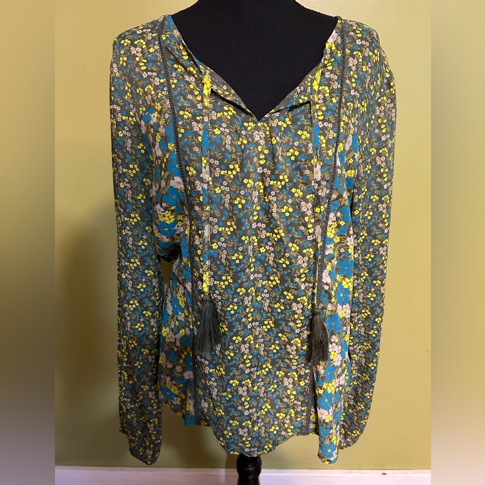 Prana Faith Top Womens L Green Floral Long Sleeve Tunic Blouse
